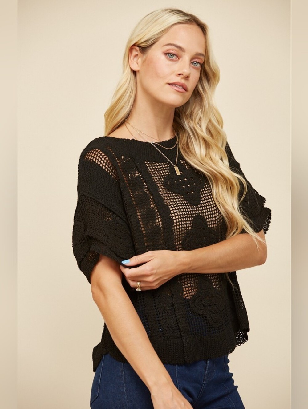 4-0515 Black Crochet Knit Short Sleeve Top